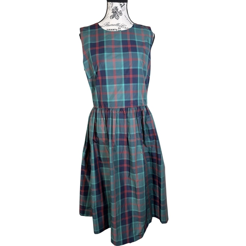 Nordstrom Women's Plaid Midi Dress Size M Green Blue Sleeveless Fit & Flare